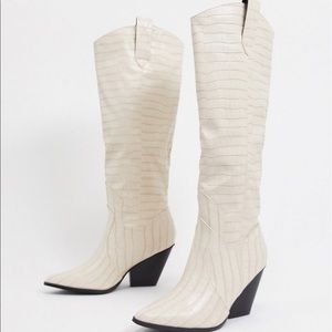 ASOS Vegan Knee High Western Boots in Bone Croc